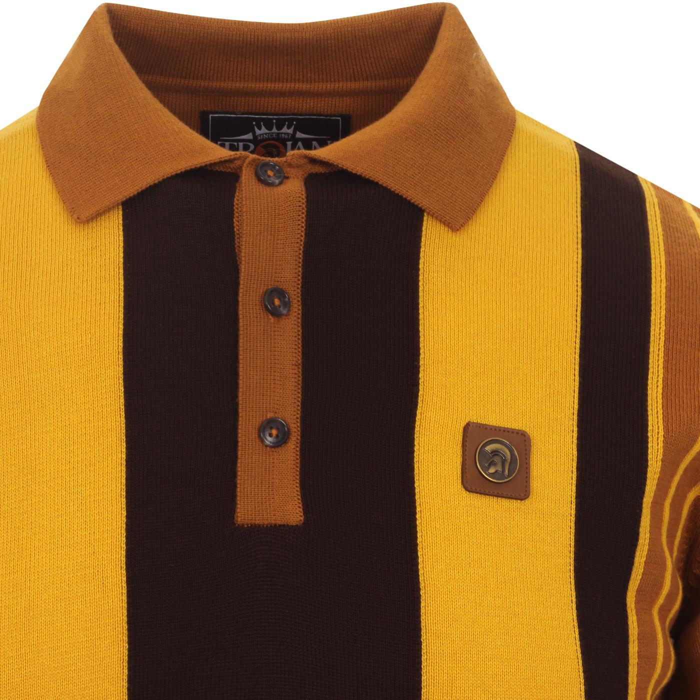 TROJAN RECORDS Mod Pinstripe Panel Knit Polo Top In Tan