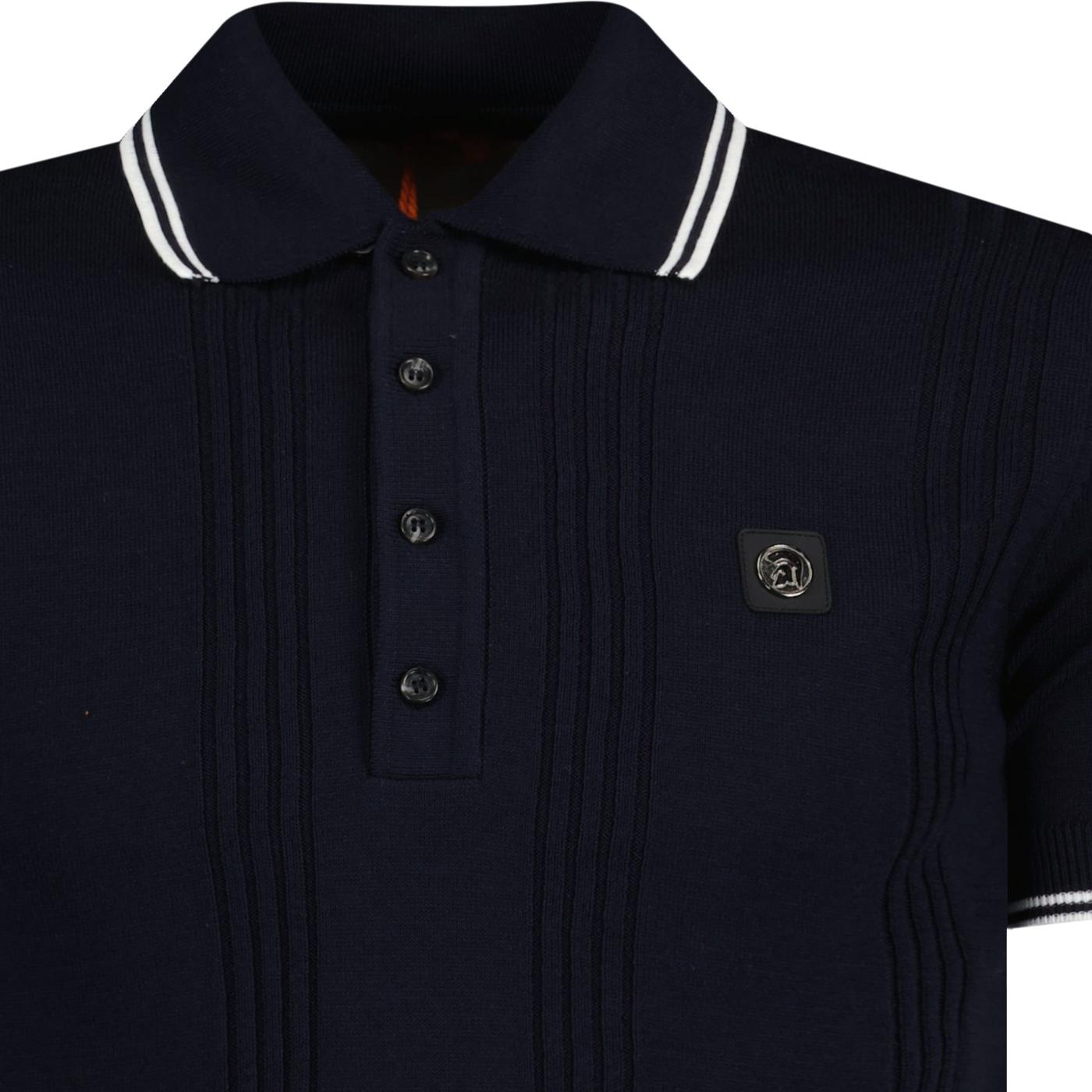 Trojan Retro Mod Self Stripe Fine Gauge Polo Navy