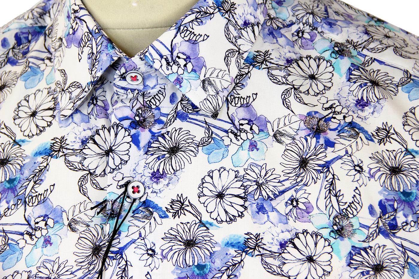 1 LIKE NO OTHER Hand Drawn Floral Retro 60s Mod Shirt in White