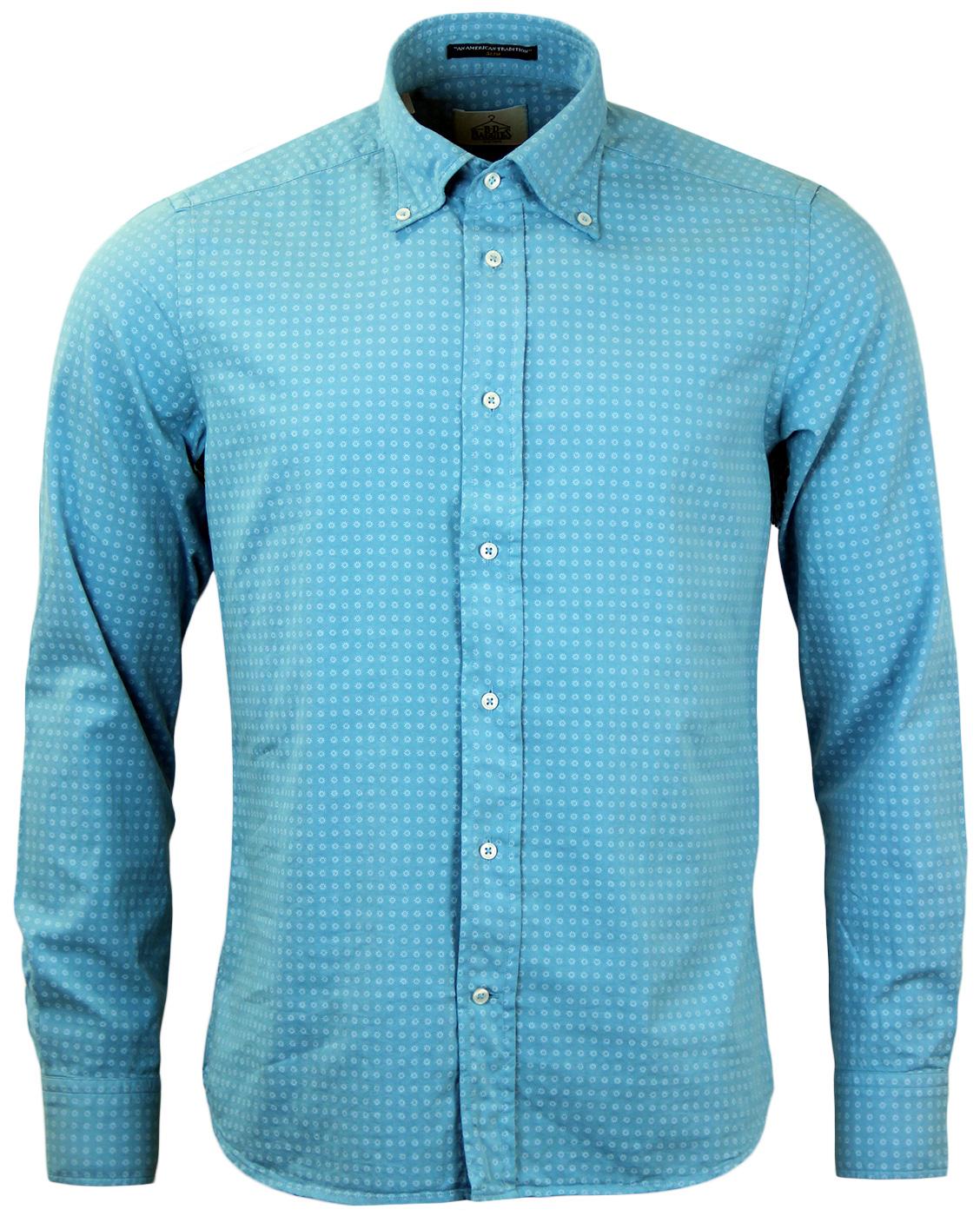 B D BAGGIES Dexter Retro Mod Micro Floral Print Shirt Turquoise