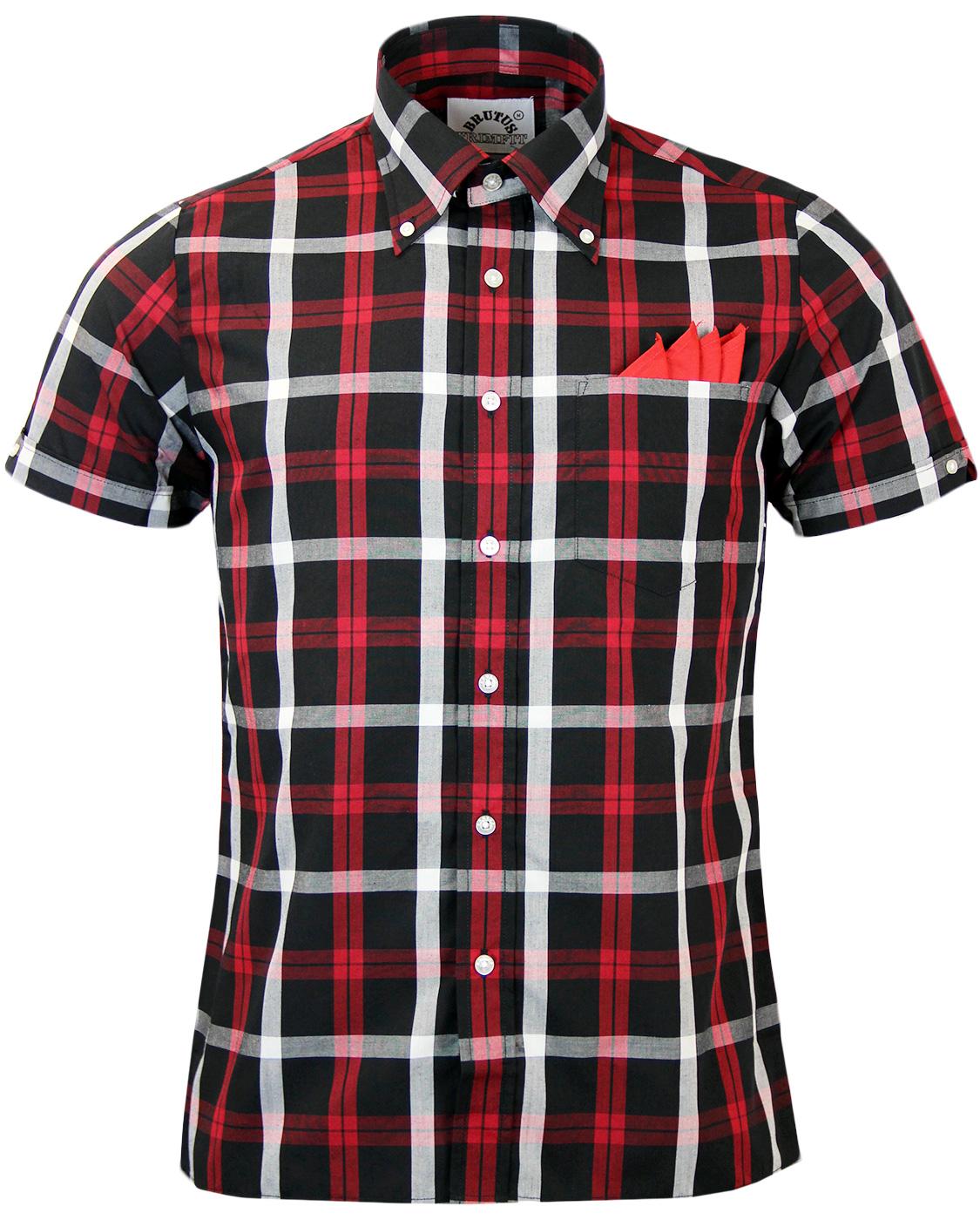 BRUTUS TRIMFIT Retro 60s Mod Button Down Check Shirt in Black/Red