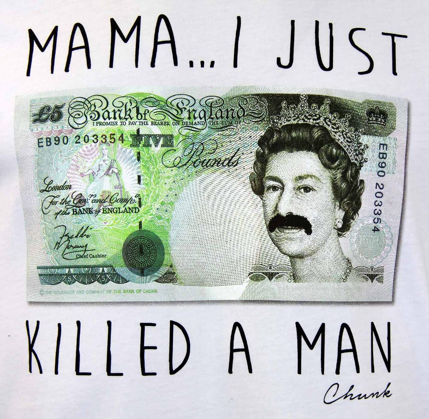 CHUNK Mama I Killed A Man Rtero 70s Queen T-Shirt in White
