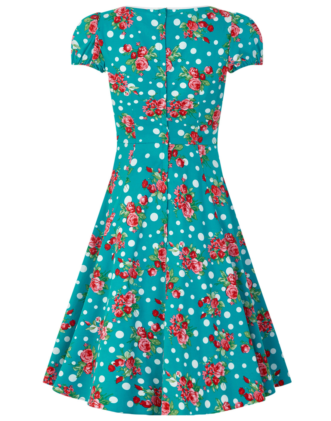 COLLECTIF Mimi Retro Polka Dot Floral Doll Dress in Jade