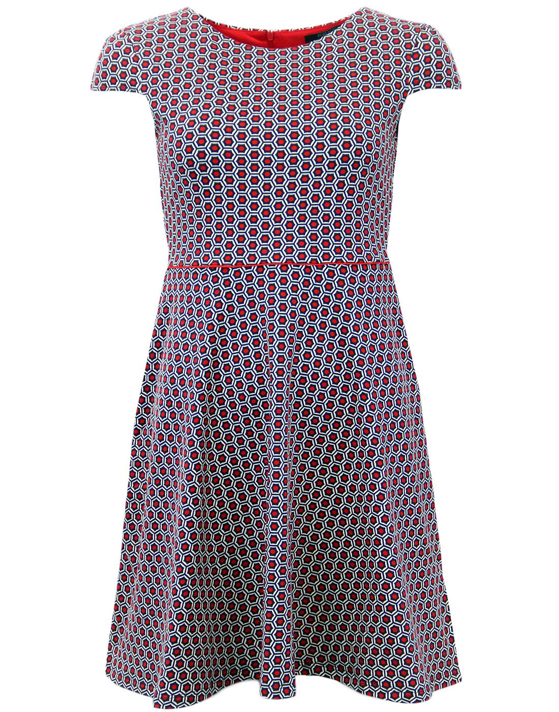FEVER Patti Retro Sixties Geometric Flared Dress in Navy