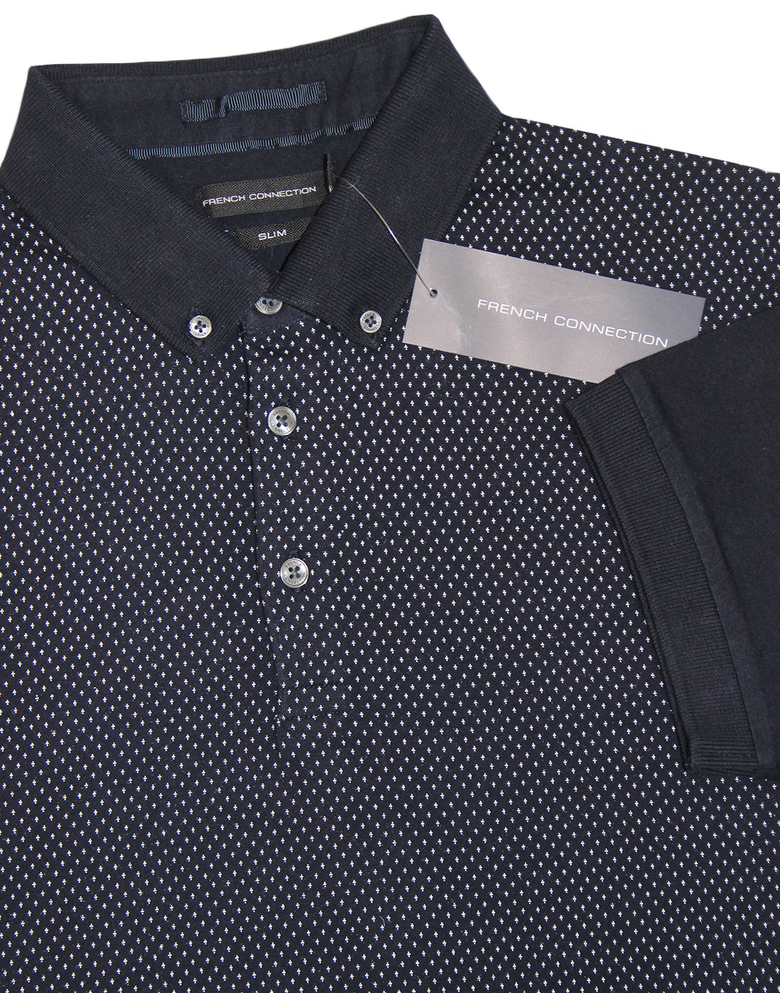 FRENCH CONNECTION Micro Print Button Down Polo in Marine Blue