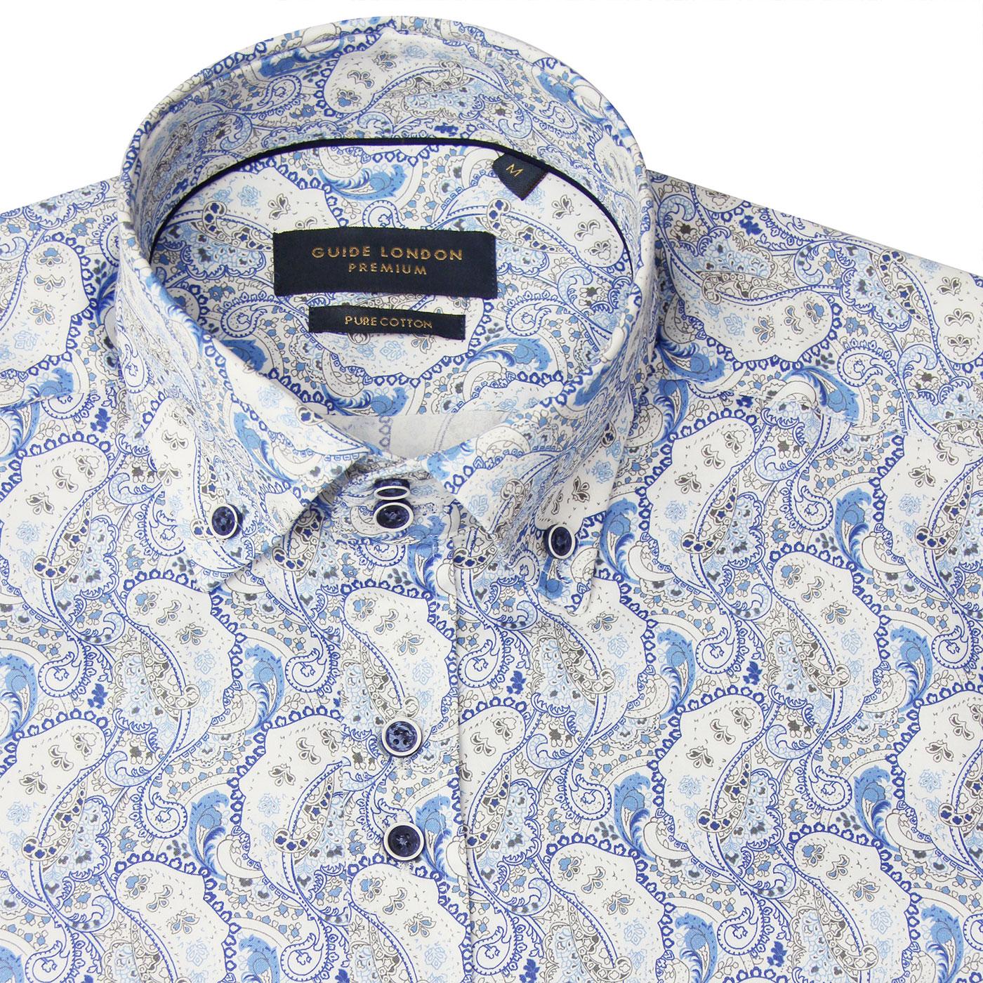 GUIDE LONDON Men's Retro Mod Paisley Dress Shirt in Blue