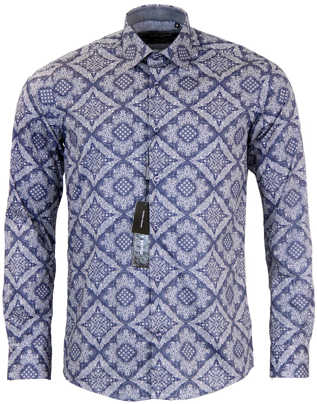 GUIDE LONDON Retro 60s Mod Persian Floral Paisley Shirt in Blue