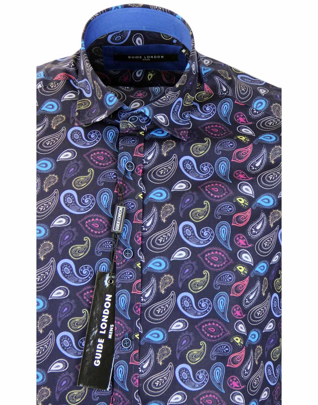 GUIDE LONDON Rainbow Paisley Long Sleeve Shirt in Navy