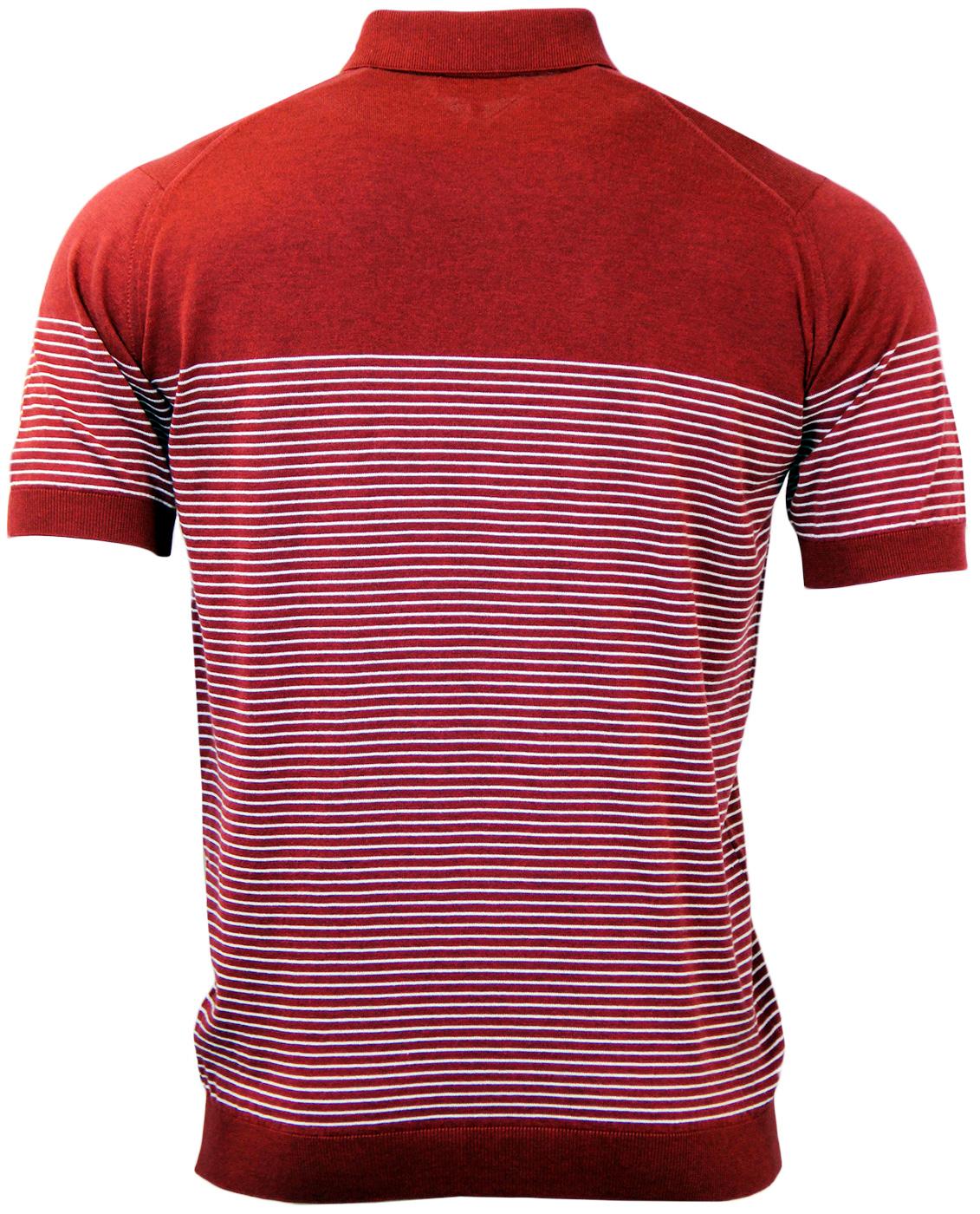 JOHN SMEDLEY Viking Retro Mod Stripe Knitted Polo in Russet Red