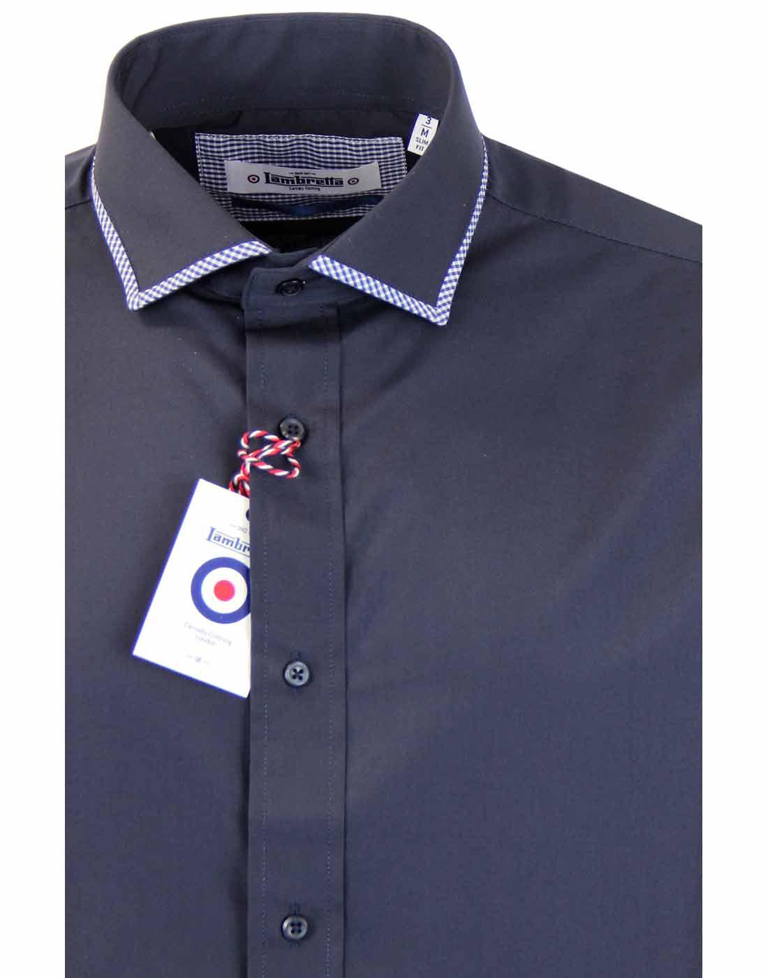 LAMBRETTA Gingham Trim Long Sleeve Retro Shirt in Navy