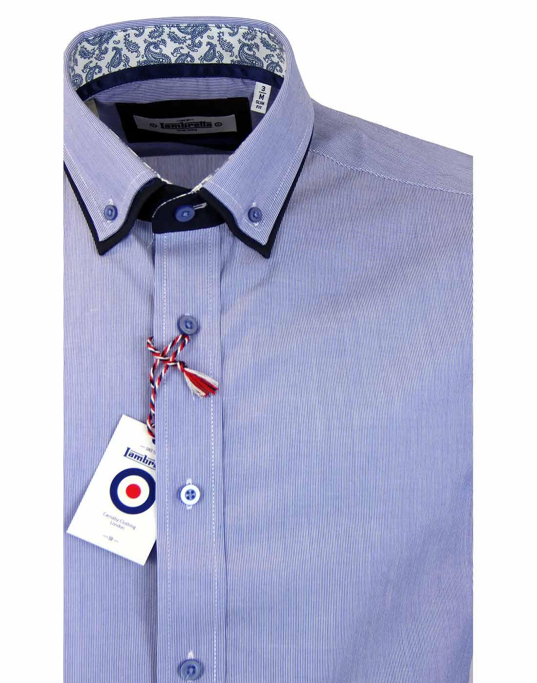 LAMBRETTA Fine Stripe Retro Mod Long Sleeve Shirt in Blue