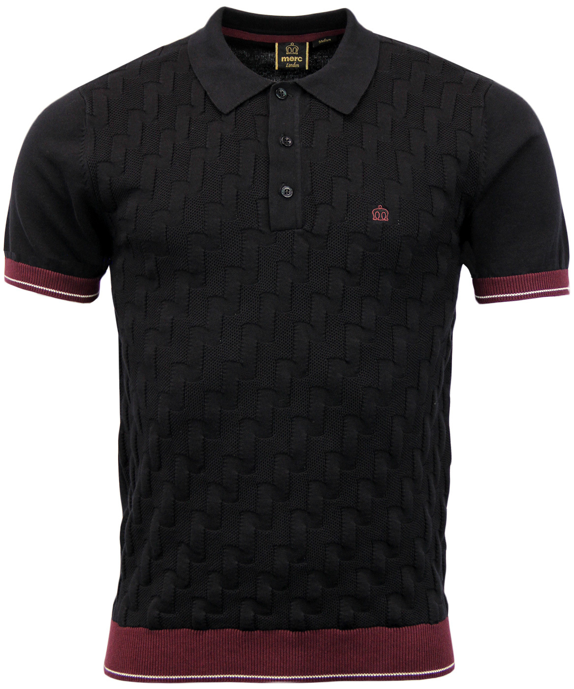 MERC Haxby Retro Sixties Mod Jacquard Knitted Polo in Black