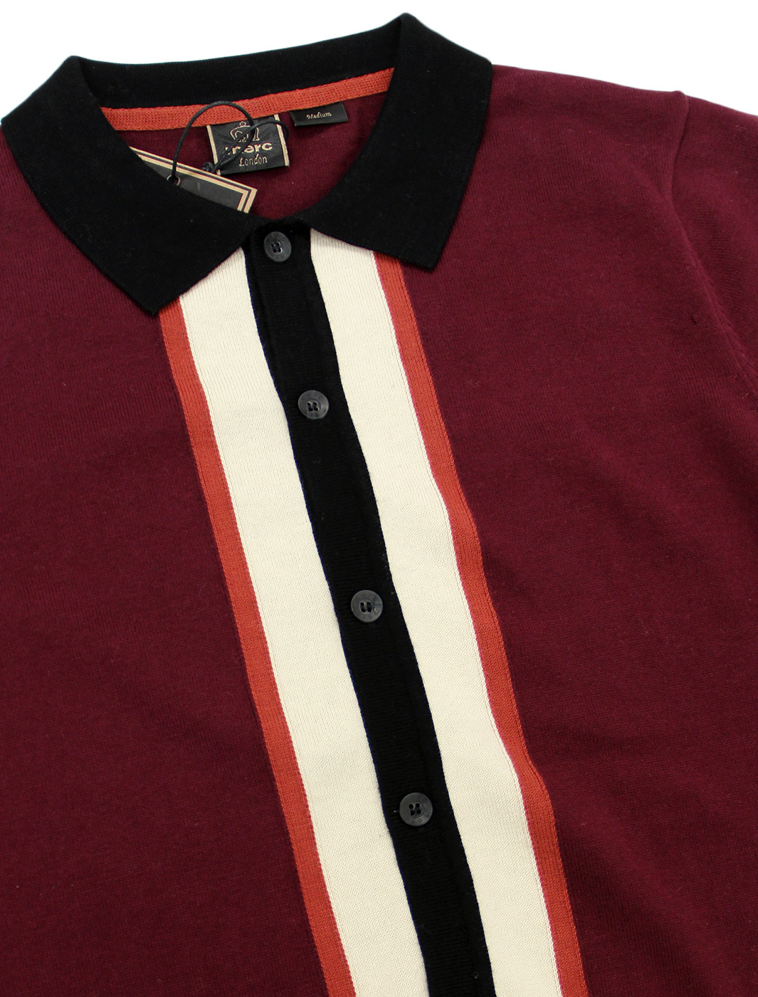 MERC Rainham 1960s Mod Stripe Panel Knitted Polo in Wine