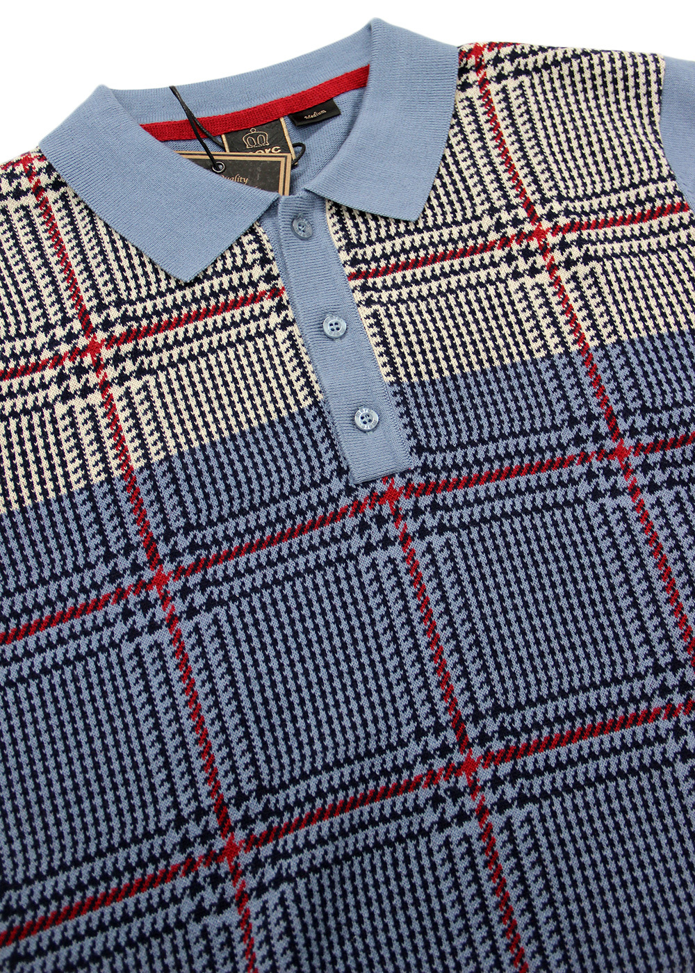 MERC Tetley 1960s Prince Of Wales Check Knit Polo in Vintage Blue