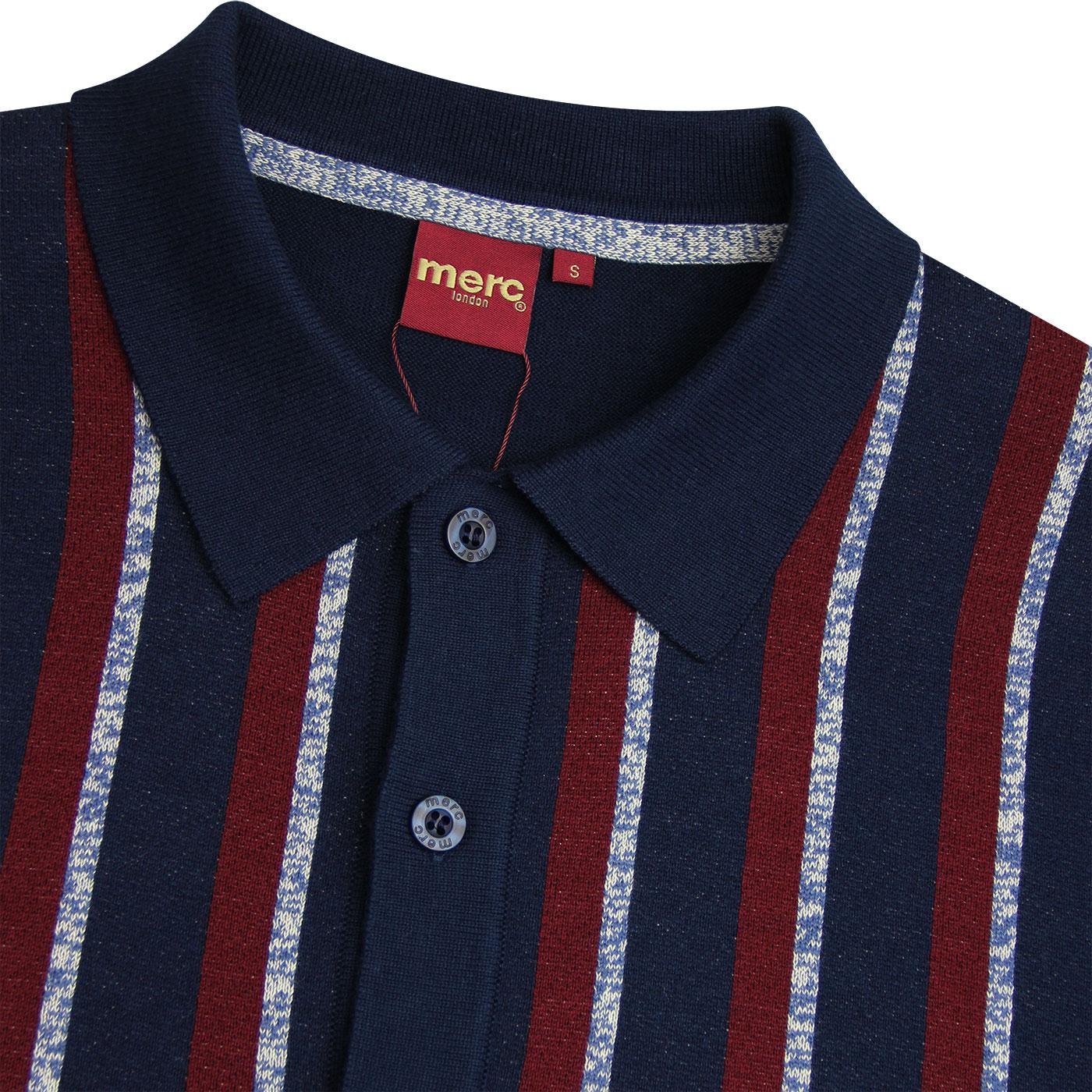 MERC Wilmot Stripe Knitted Retro 60s Mod Polo Shirt in Navy