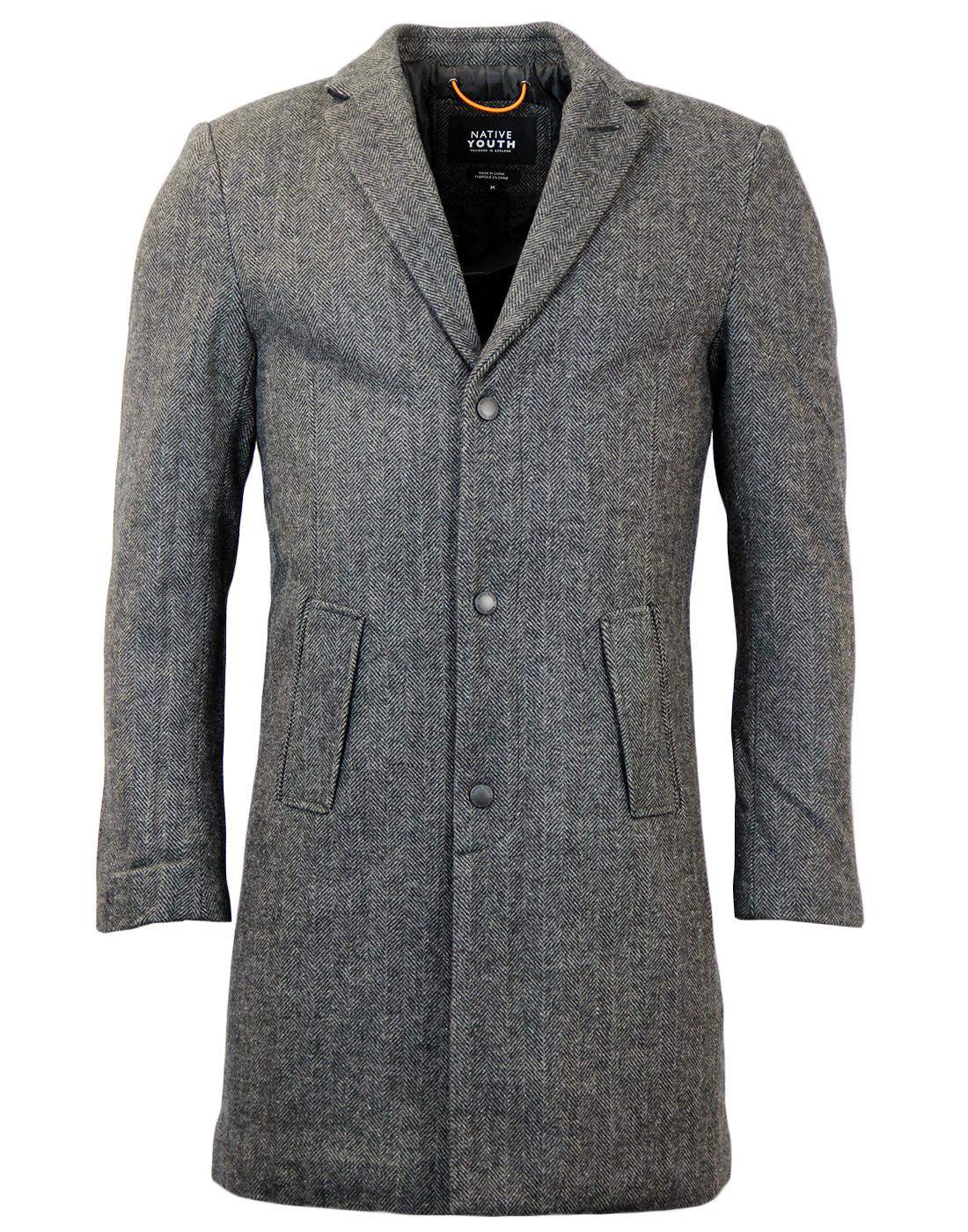 NATIVE YOUTH Retro Mod Wool Herringbone Overcoat