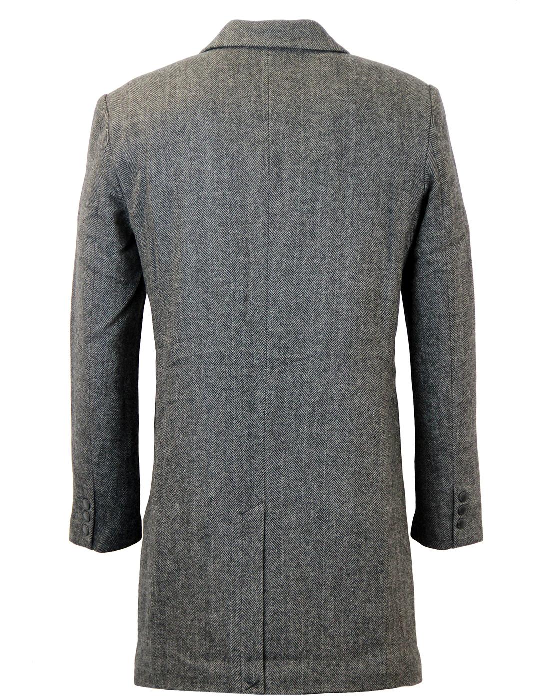 NATIVE YOUTH Retro 60s Mod Padded Wool Herringbone Overcoat Grey