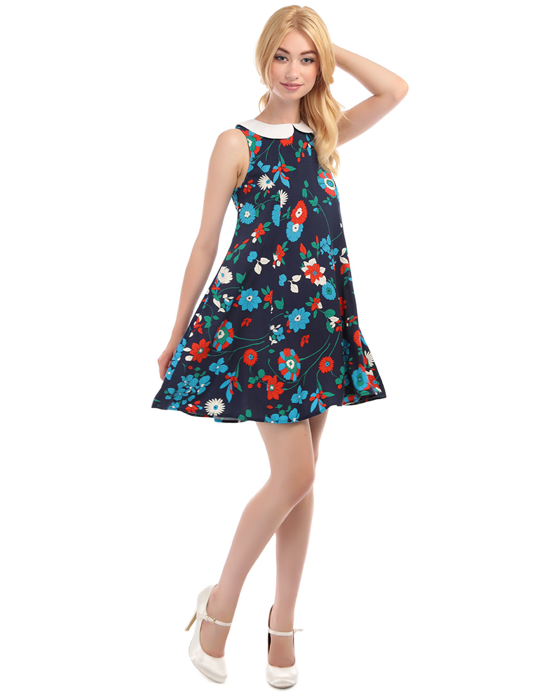 BRIGHT & BEAUTIFUL Nia 60s Floral Baby Doll Dress in Navy