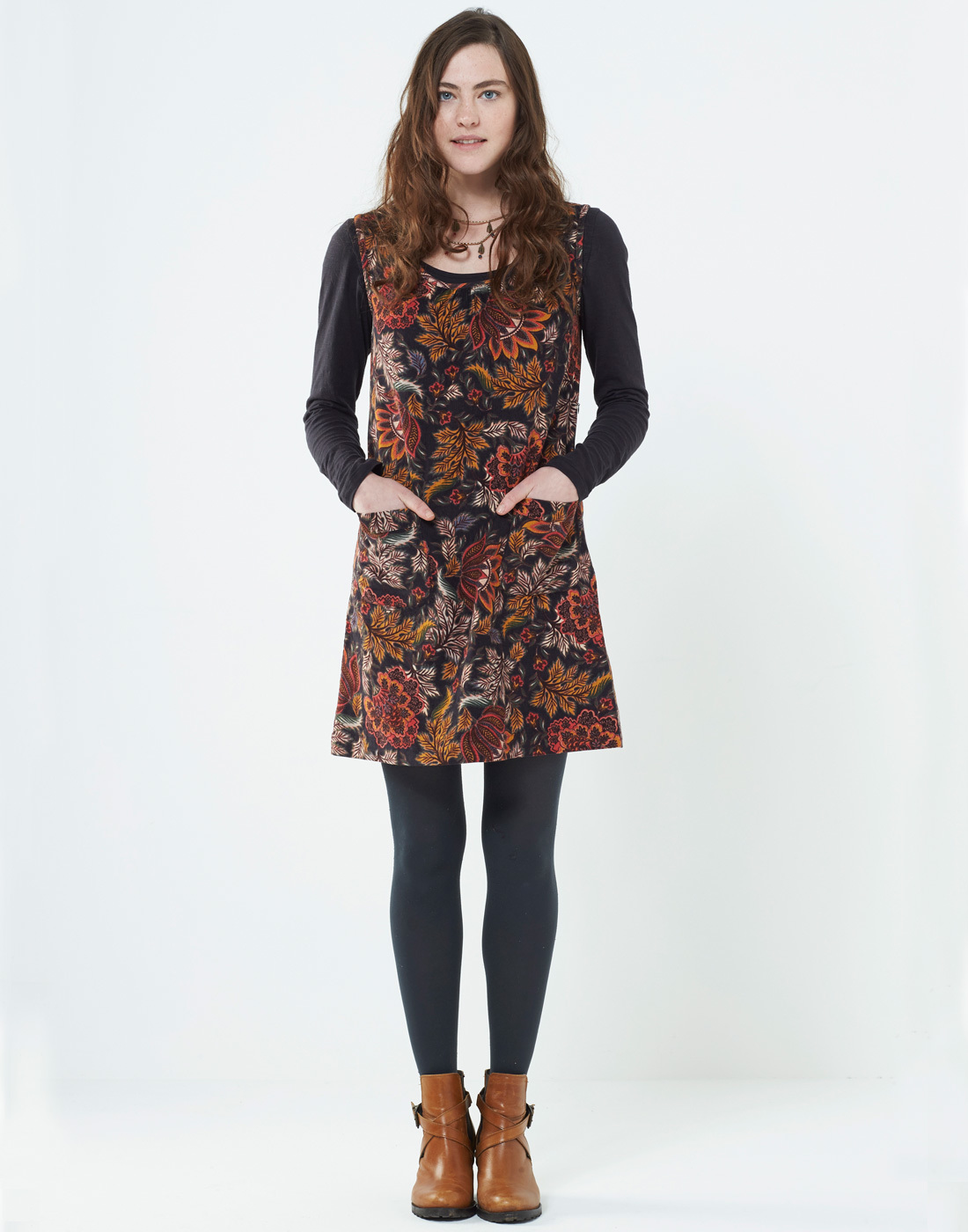 NOMADS Aurora Retro 1960s Mod Floral Cord Pinafore Dress in Rust