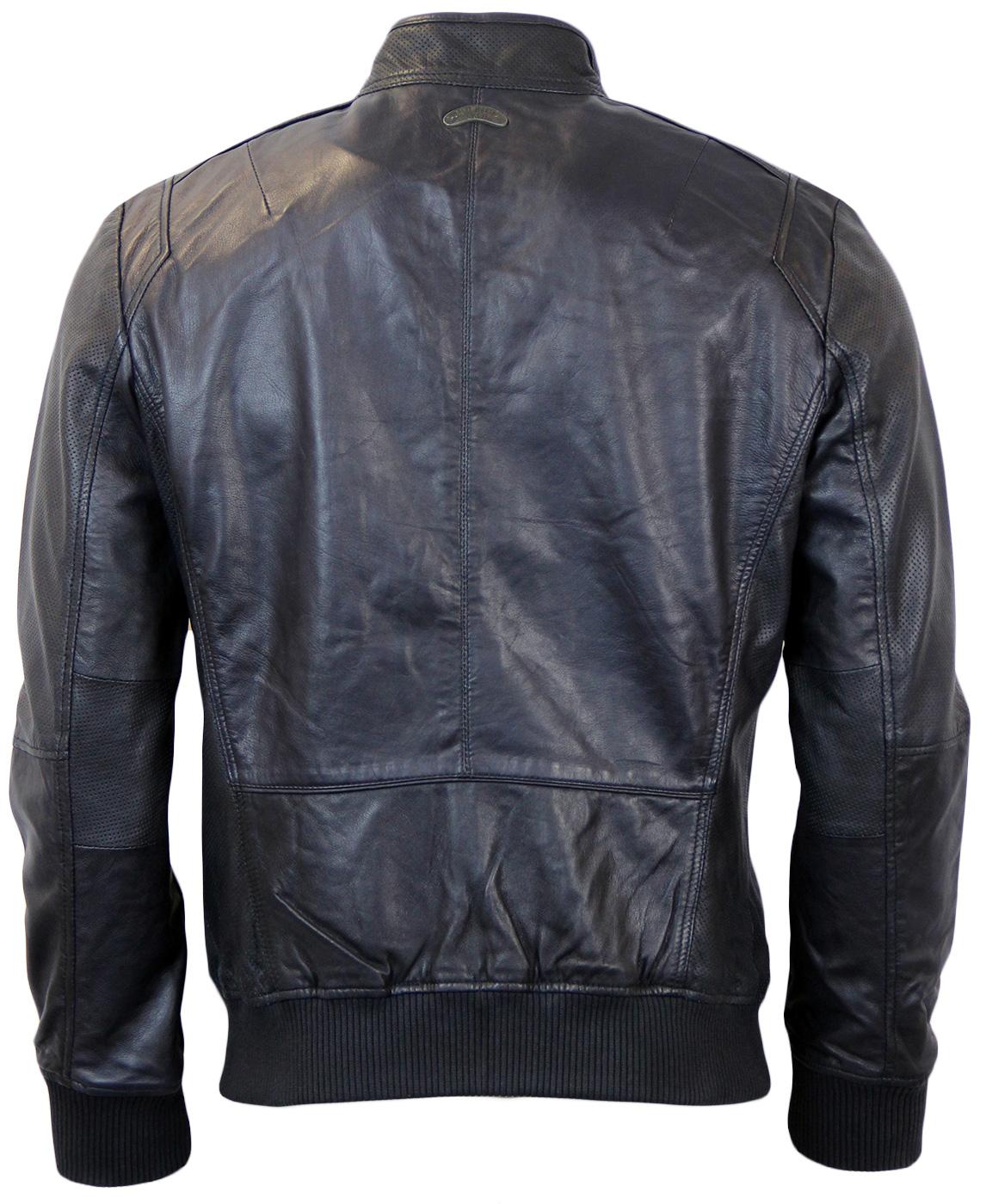 PEPE JEANS Corbin Retro Mod Leather Bomber Jacket in Blue