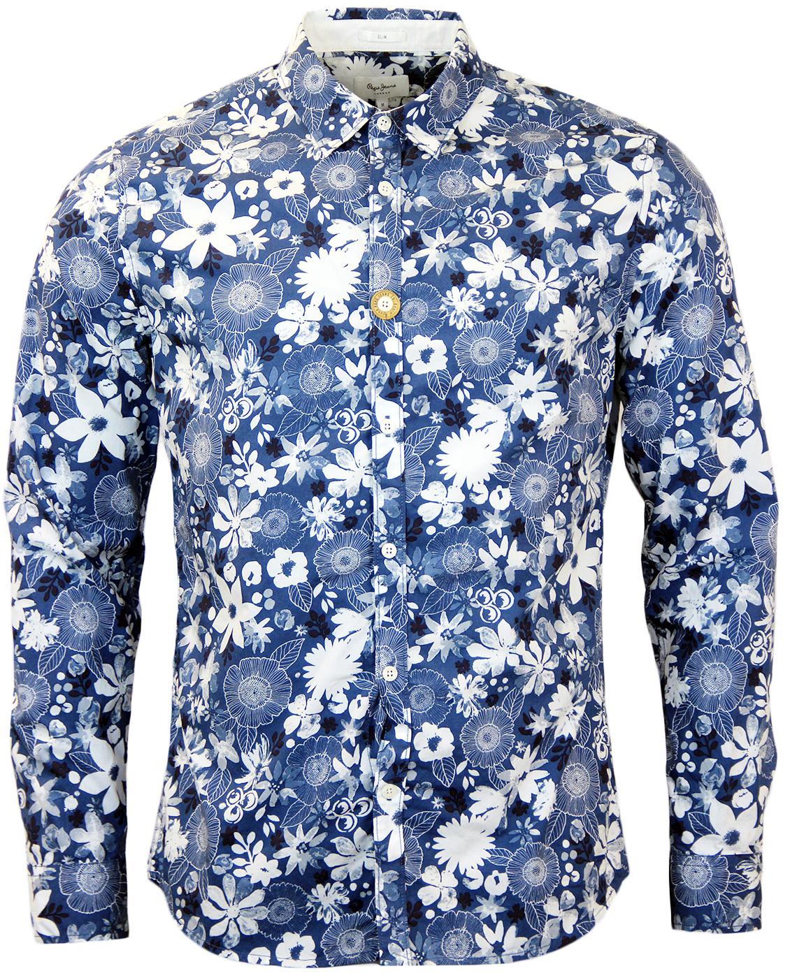 PEPE JEANS Pina Retro Mod Vibrant Floral Shirt in Dark Denim