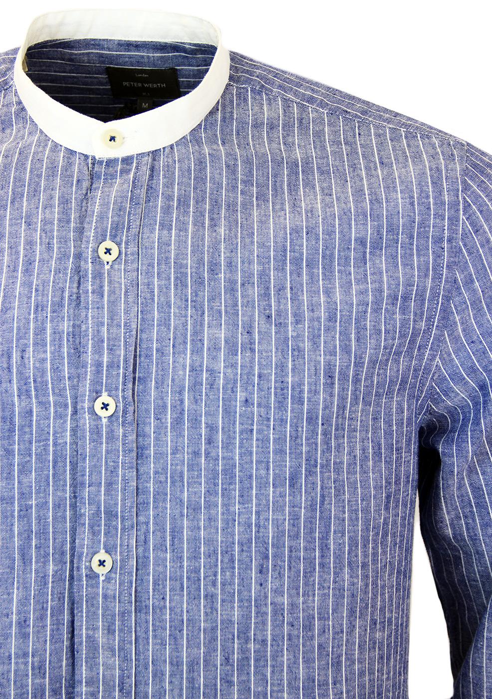 PETER WERTH Escape Stripe Grandad Collar Shirt in Blue