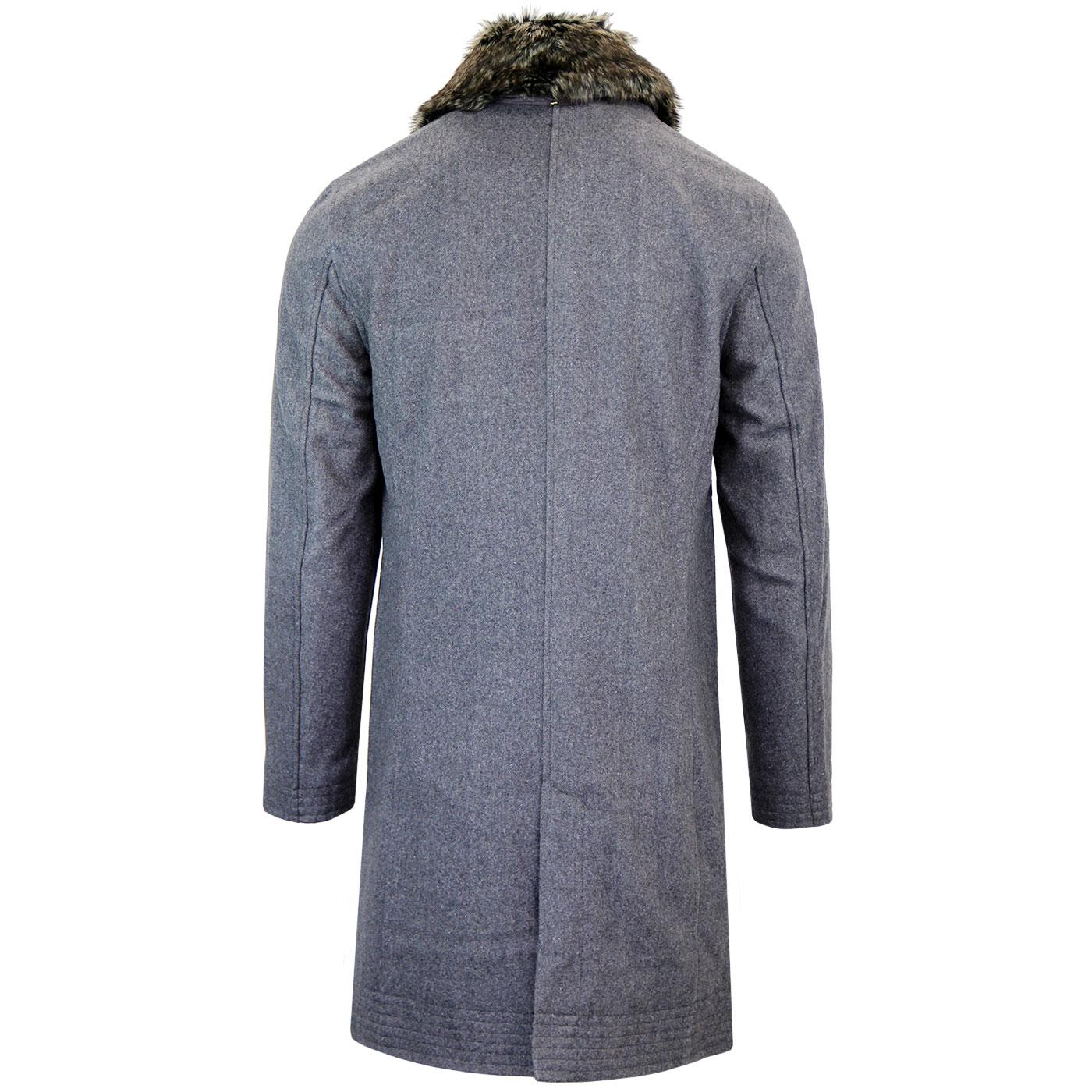 PRETTY GREEN Retro Mod Wool Military Trench Coat in Grey