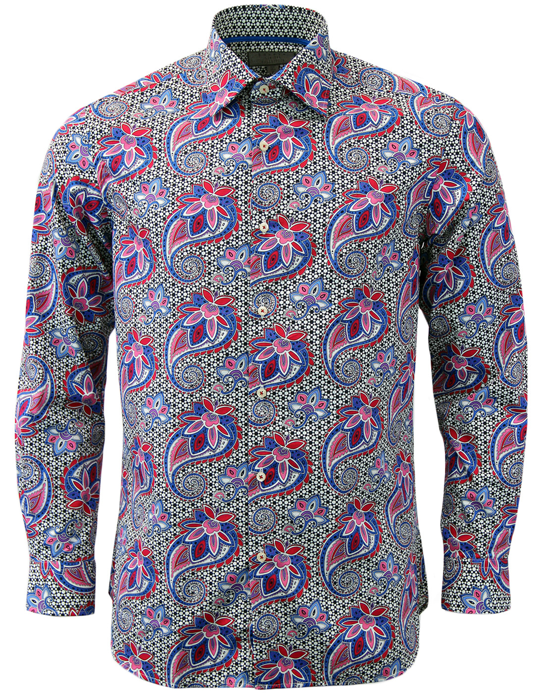 ROCOLA Retro Sixties Abstract Paisley Op Art Shirt in Blue/Red