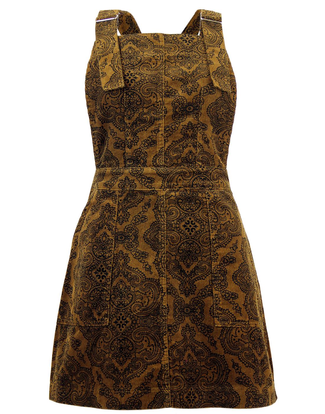 Retro 60s Paisley Cord Buckle Strap Pinafore Dress