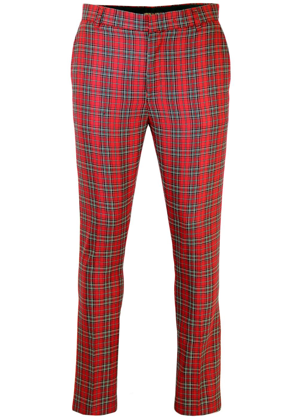 Retro Mod Sixties Slim Fit Stewart Tartan Trousers in Red