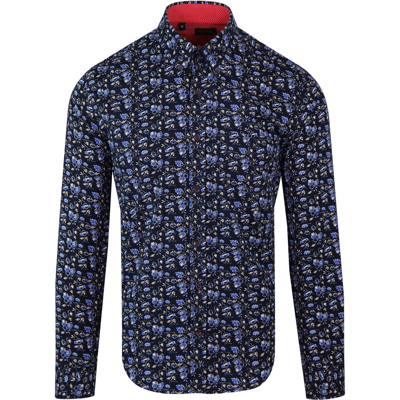 Ground TOOTAL Floral Print 1960s Mod Shirt Navy