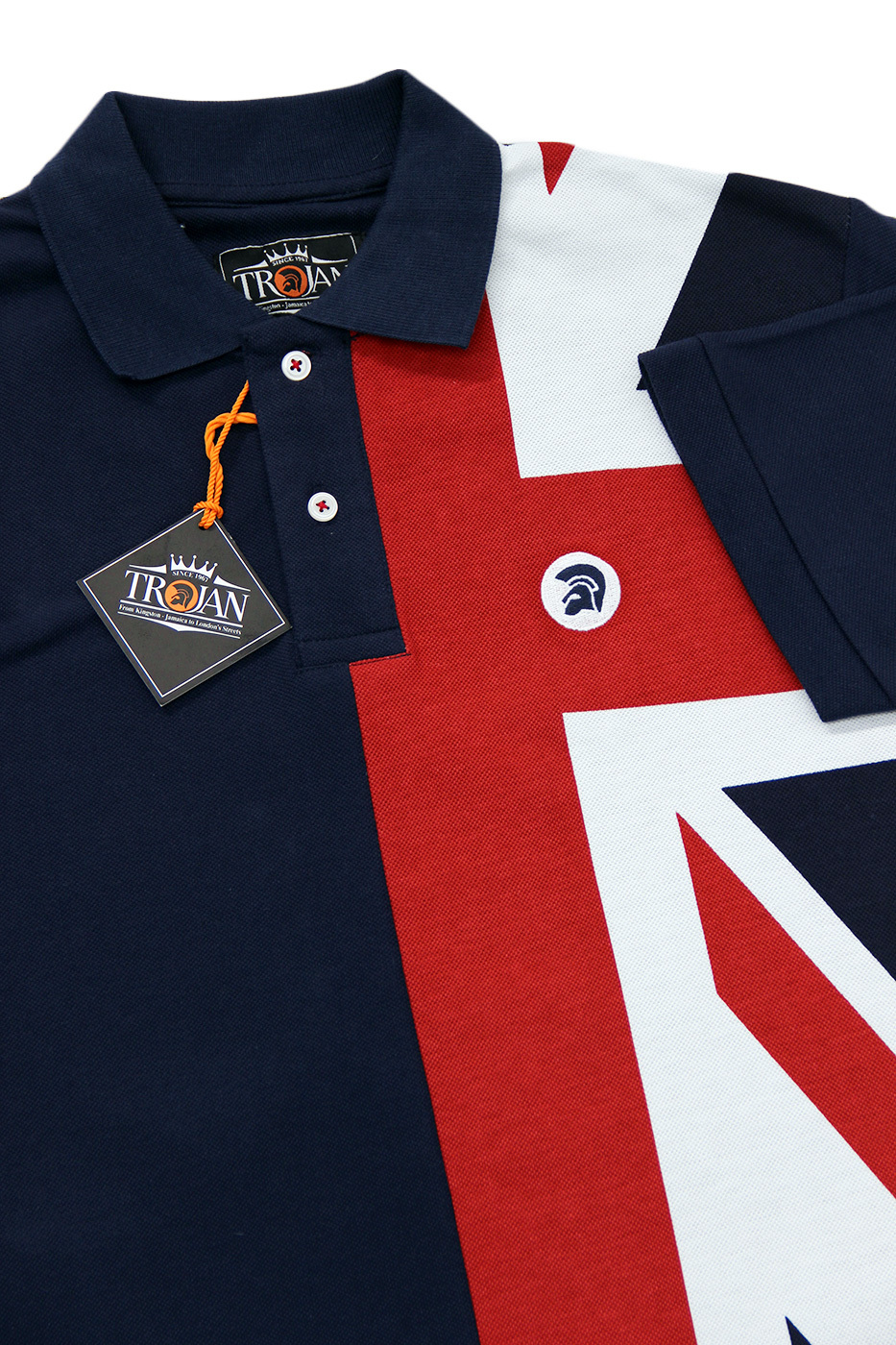 TROJAN RECORDS Retro Mod Union Jack Pique Polo in Navy