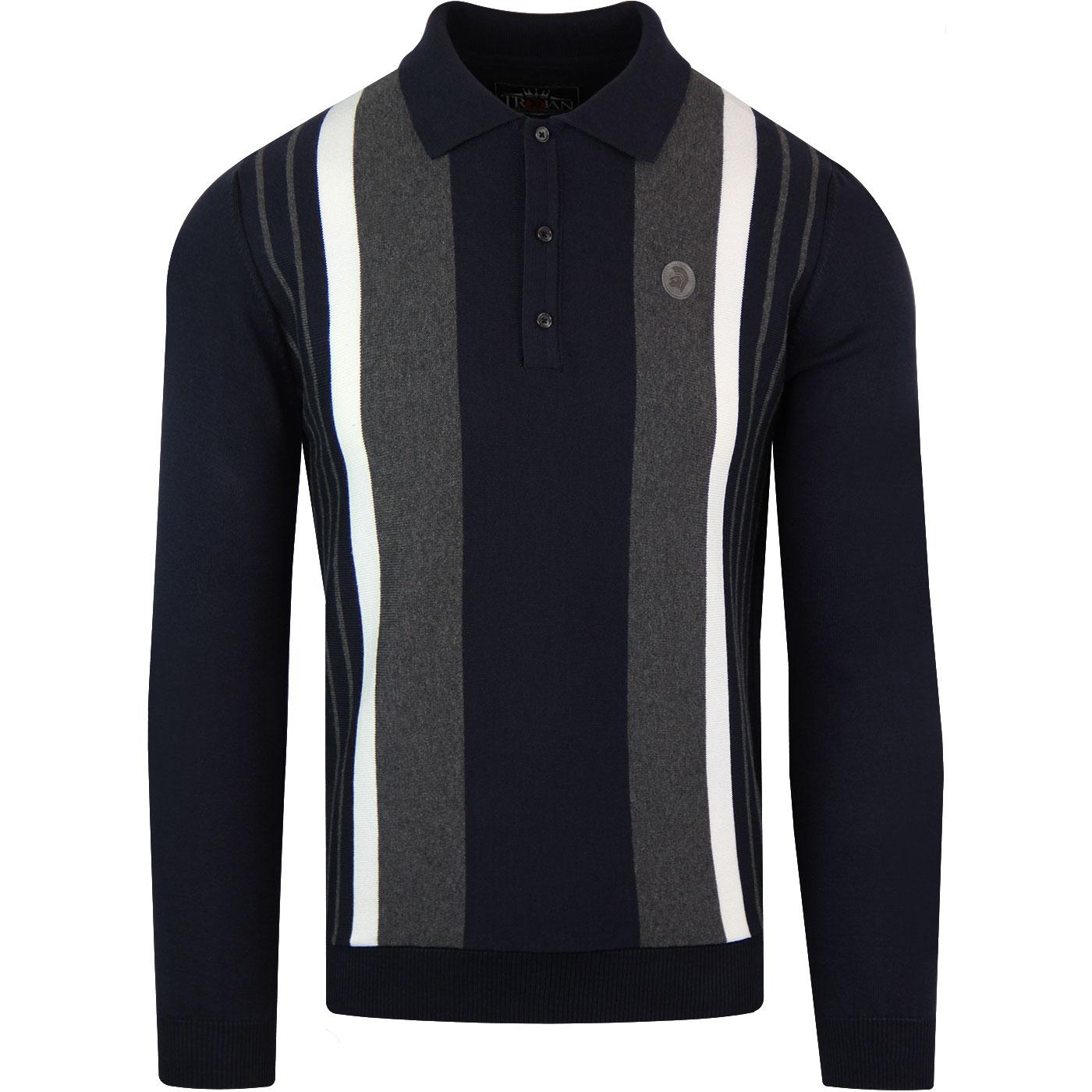 TROJAN RECORDS Mod Knitted Stripe Panel Polo -Navy