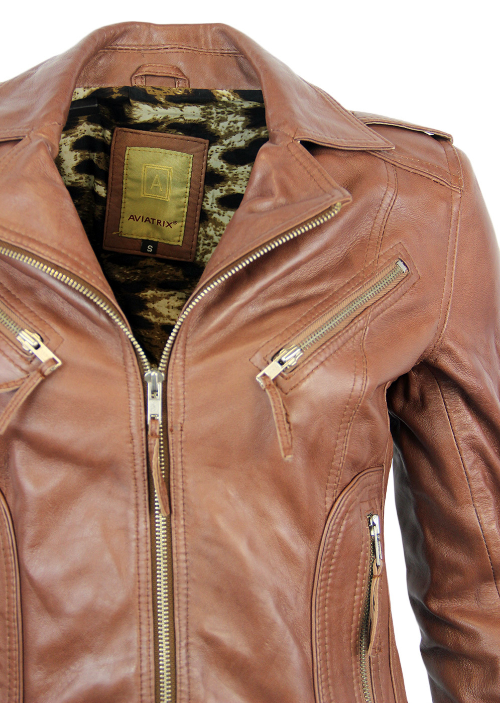 Womens Retro 1970s Vintage Leather Biker Jacket in Brown