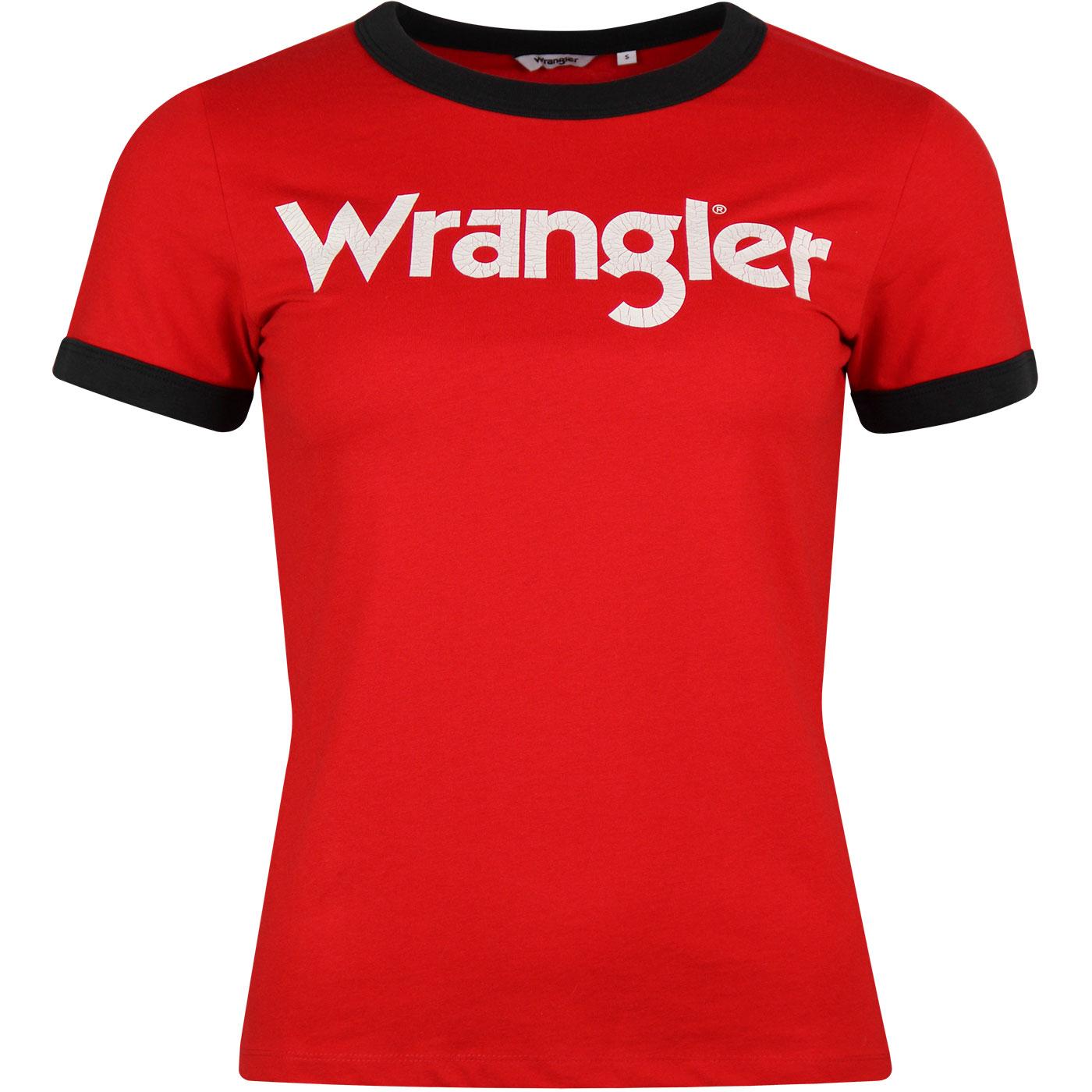 WRANGLER Womens Retro 70s Logo Ringer Tee Formula Red