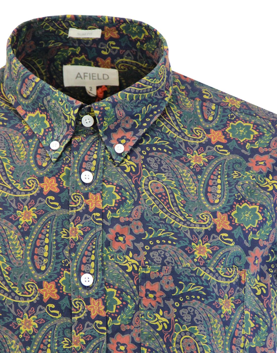 AFIELD Retro 1960s Mod Painted Paisley Button Down Shirt in Navy