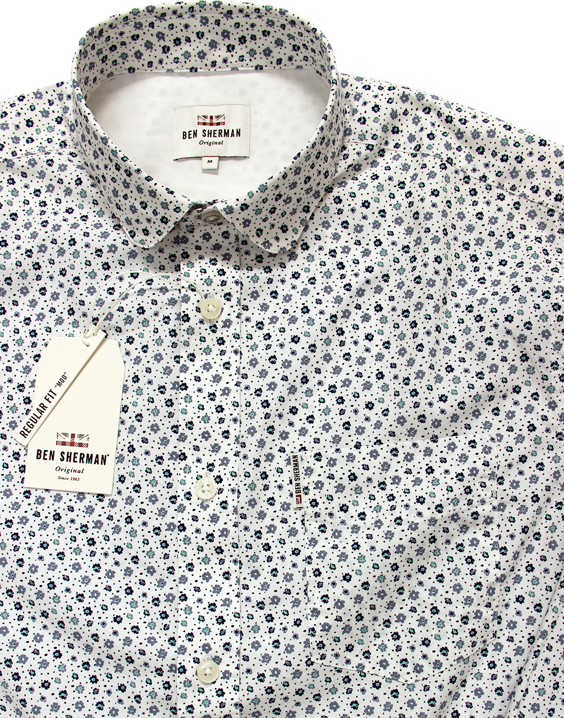 BEN SHERMAN 60s Penny Collar Micro Floral Shirt in Bright white