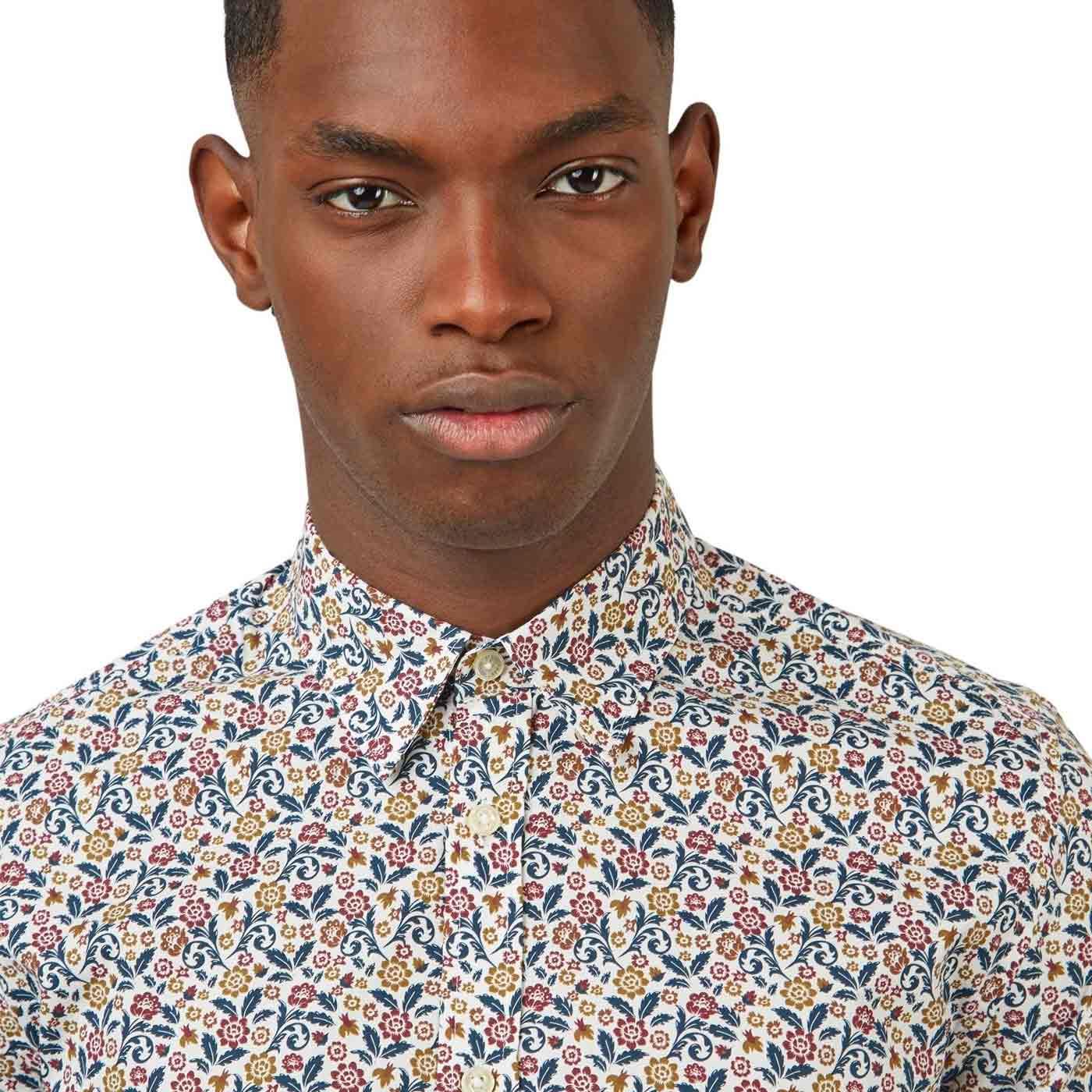 BEN SHERMAN Retro 60s Mod British Floral Shirt in Dark Blue