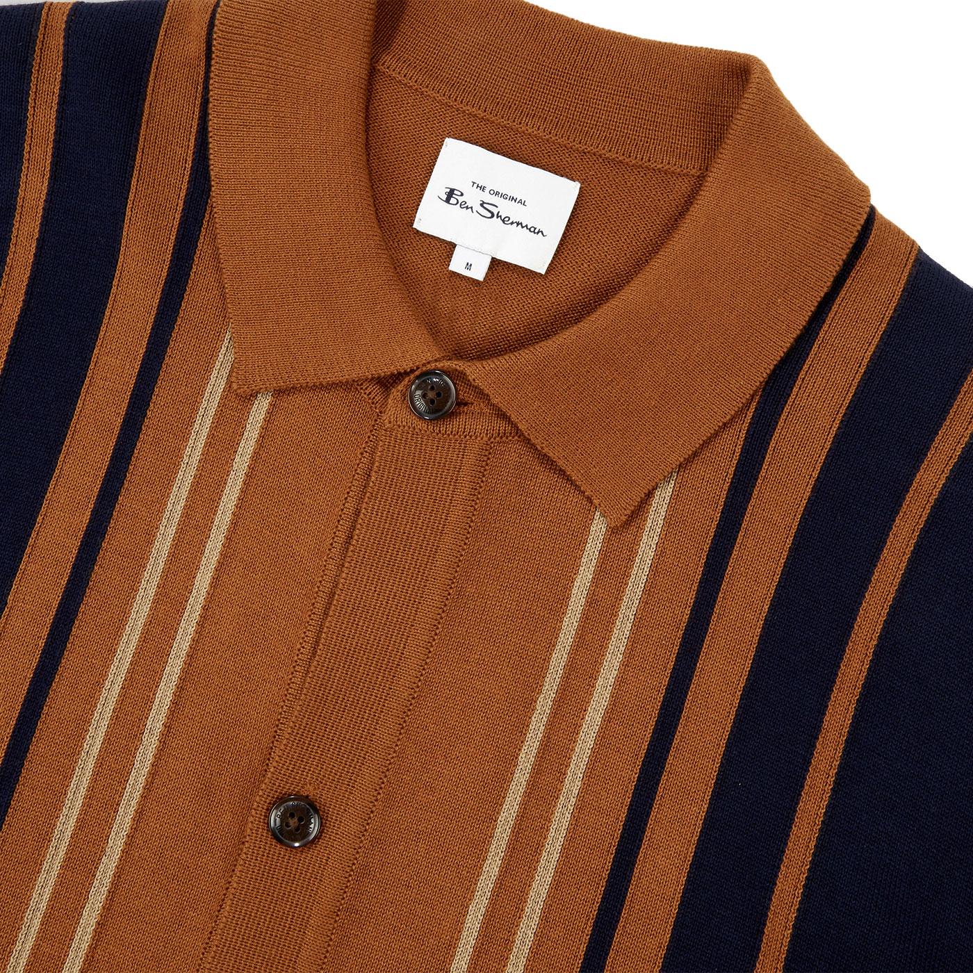 BEN SHERMAN Retro Mod Stripe Knitted Polo Cardigan in Caramel