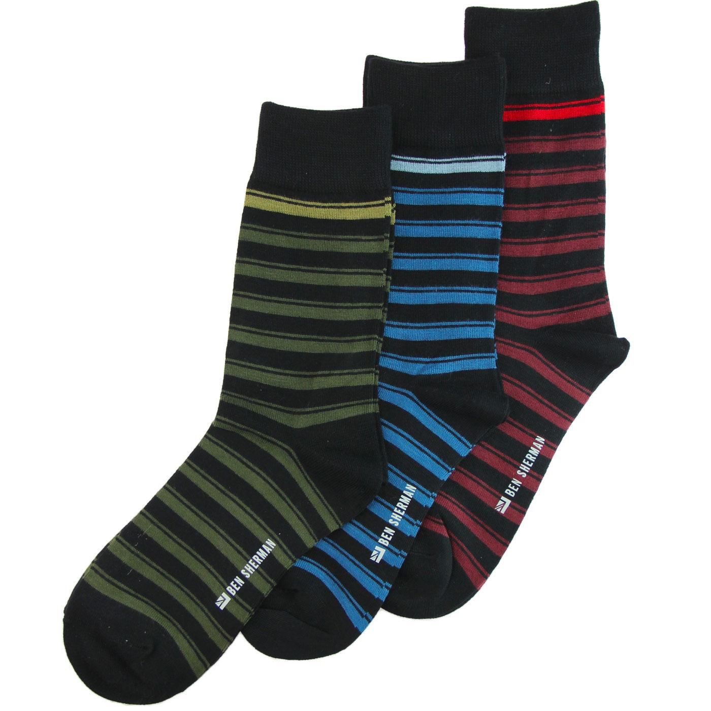 BEN SHERMAN Castle Retro Mod 3 Pack Stripe Socks in Black