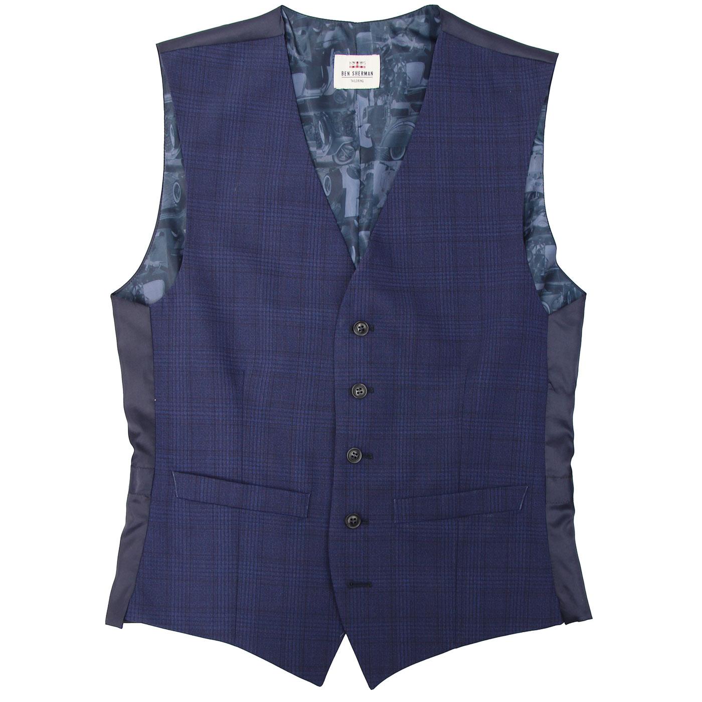 BEN SHERMAN Retro Mod Prince Of Wales Check Waistcoat Blue