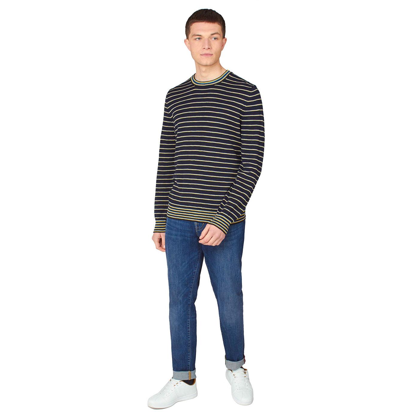 BEN SHERMAN Men's Retro 90s Slub Stripe Jumper in Navy