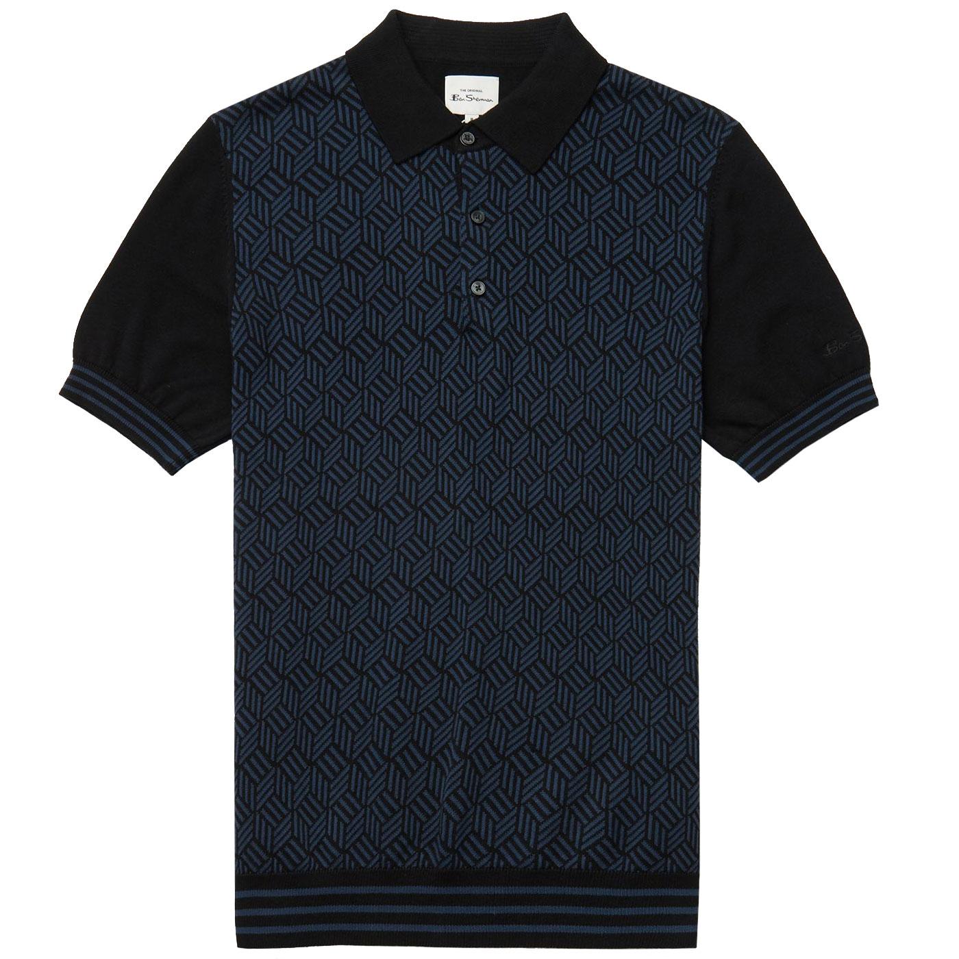 BEN SHERMAN Retro Mod Knitted Jacquard Polo BLACK