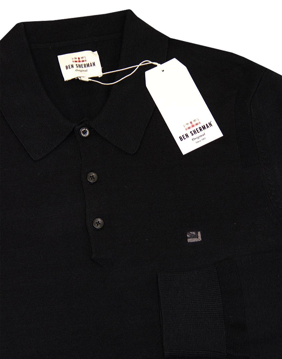 Long Sleeve Mens Ben Sherman Long Sleeve Knit Polo Shirt In Black Ribbed