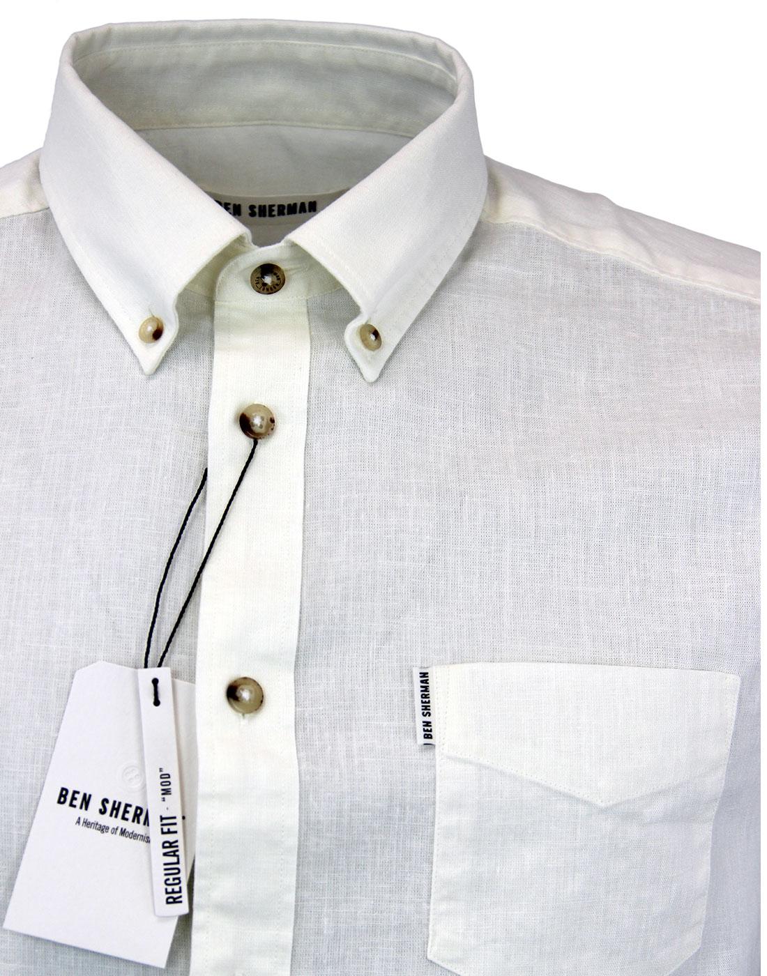 BEN SHERMAN Retro Mod Button Down Linen Shirt in Off White