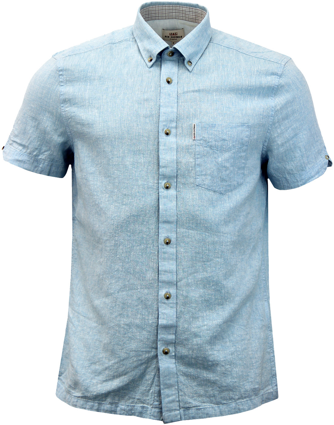 BEN SHERMAN 1960s Short Sleeve Linen Shirt in Sky Blue