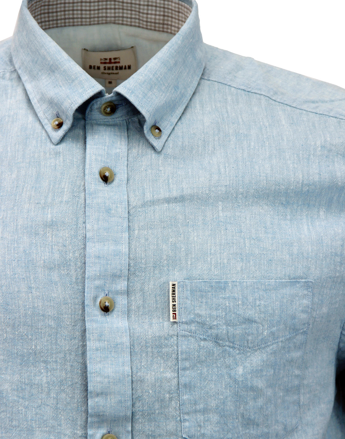 BEN SHERMAN 1960s Short Sleeve Linen Shirt in Sky Blue