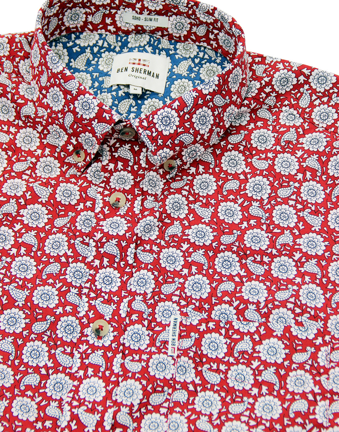 BEN SHERMAN Mens 1960s Mod Floral Paisley S/S Shirt in Red