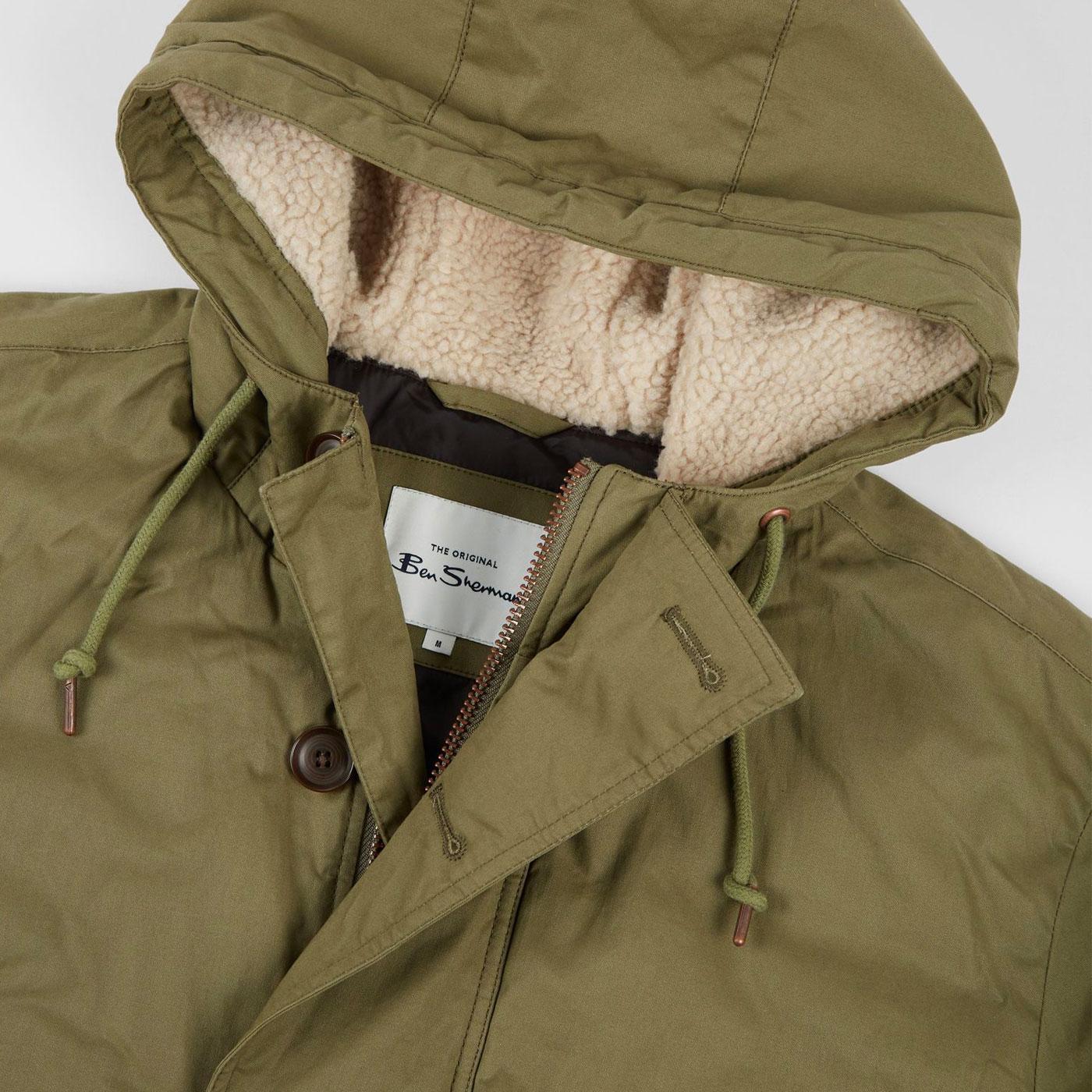 BEN SHERMAN Retro 60s Mod Quilted Parka Coat in Hemp Green