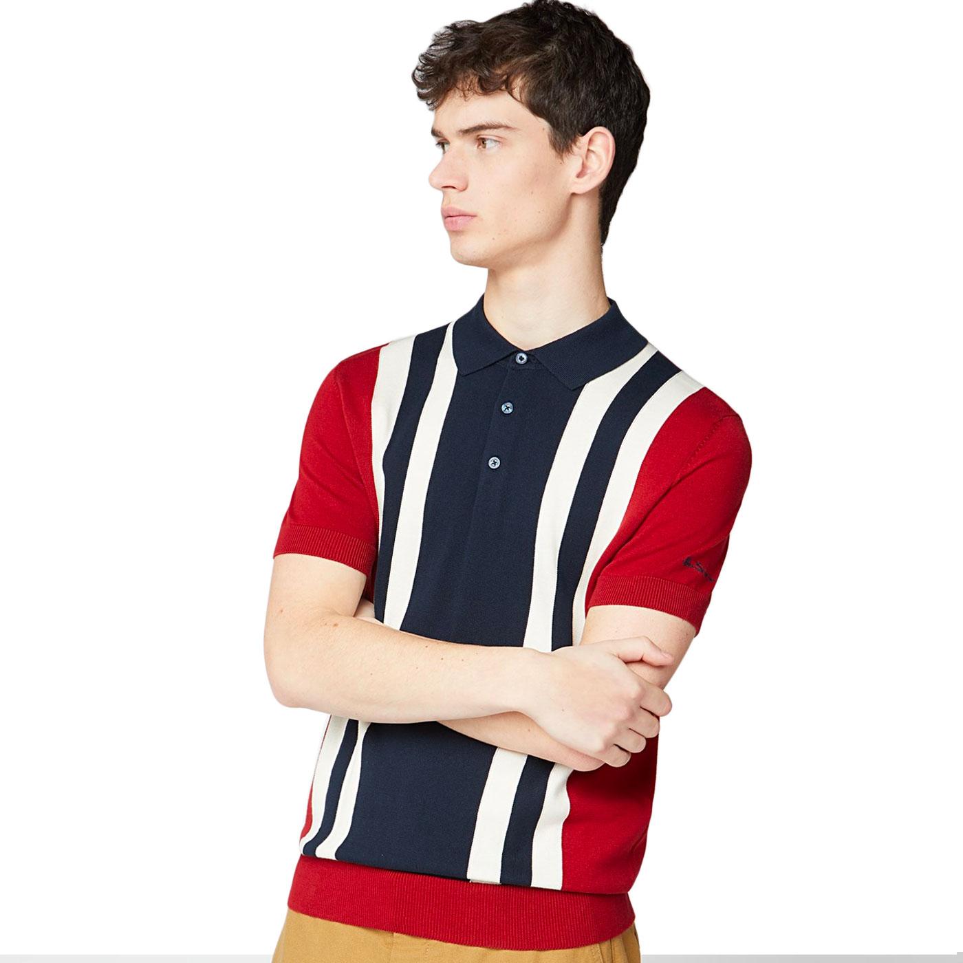 BEN SHERMAN 60s Mod Stripe Knit Colour Block Polo in Red